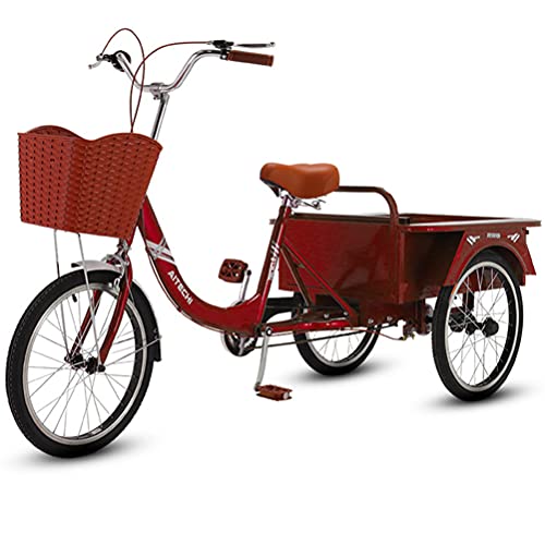 3-Rad-Fahrrad-Cruiser-Trike für Erwachsene mit großem Korb, 20-Zoll-Rädern, Zweizweck-Single-Speed-Dreiräder für Frauen, Männer, Senioren, Sport, Einkaufen, rot 1 von Generic