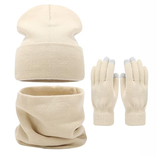 3 Stück Warmer Hut Schal Handschuh Set Winter Großer Einfarbig Gesicht Zeigen Kleiner Hut Handschuh Outdoor Warm Hut Set (Beige, One Size) von Generic