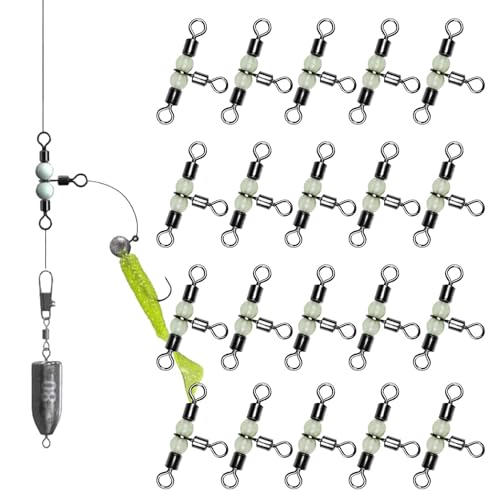 3-Wege-Angelgerät mit Drehgelenk,3-Wege-Drehgelenk zum Angeln,20X Surf Fishing Rig Wirbel mit leuchtenden Perlen - Hochleistungsverbinder in T-Form für Wels-Rigs und Angelzubehör von Generic