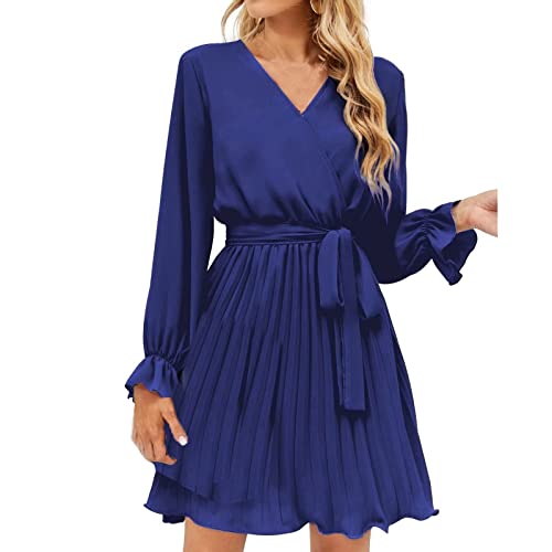 30er Jahre kleid Mittelalter kleid Damen 50er Jahre Kleider Damen Einfarbig Lange Ärmel Gefaltet V-Ausschnitt Midikleid mit Gürtel Damenkleider Sommer (L, Blau) von Generic