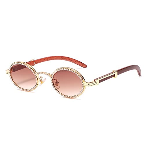 416Kristall Rahmen Luxus Glänzende Sonnenbrille Für Frauen Vintage Kleine Oval Holz Bein Strass Sonnenbrille Männer Hip Hop Runde Brillen von Generic