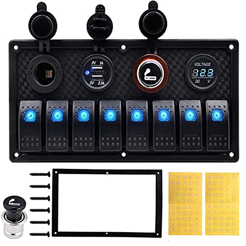 5-Pin-Marineboot-RV-Zündkippkipper-Schalter-Panel 12-24V-LED-Voltmeter Dual USB-Ladegerät Adapter-Zigarettenanzünder-Buchse(Blue 8 Gang Switch) von Generic