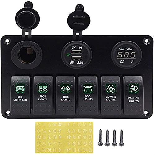 5-Pin-Marineboot-RV-Zündkippkipper-Schalter-Panel 12-24V-LED-Voltmeter Dual USB-Ladegerät Adapter-Zigarettenanzünder-Buchse(Green 6 Gang Switch) von Generic