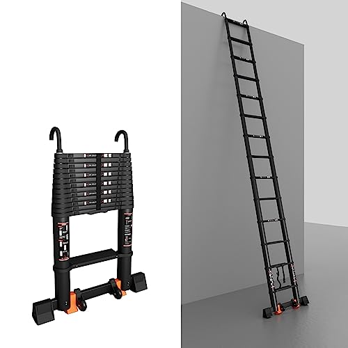 5 m, 4 m, 2 m Schwarze Teleskop-Verlängerungsleiter, ausziehbare Aluminiumleiter mit Haken und Stabilisator für Arbeiten auf dem Dach, Wohnmobil, Dachboden, im Freien, Tragkraft 150 kg von Generic