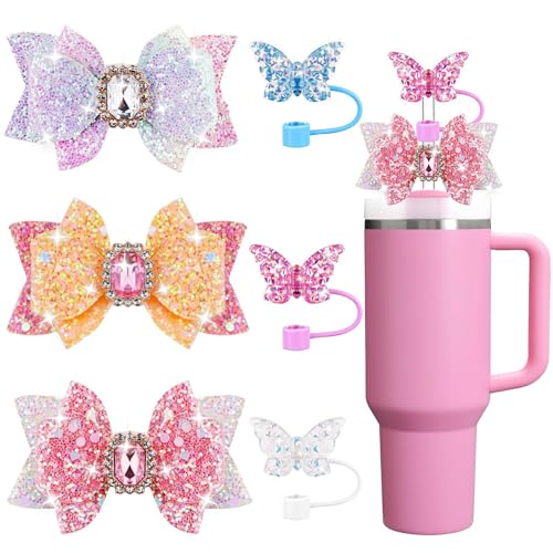 6 Stück 1 Set glitzernde rosa Edelsteinschleife Wasserbecher-Dekoration, 10 mm schillerndes Silikon, transparent, staubdicht, Schmetterlings-Strohkappe, geeignet für fast alle Staw- und Griffbecher von Generic