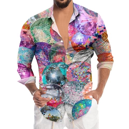 70er Jahre Outfit Herren Hemd Langarm, Karneval Kostüm Herren 80er Hemd, 60er Hippie Kostüm Herren Disco Hawaiihemd, Bunte Hemden Herren Mit Button-Down Karneval Hemd Herren Mit Auffälligen Farben von Generic