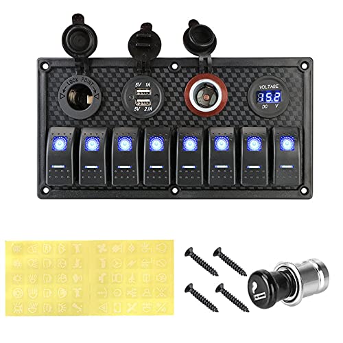 8 Gang Switch Panel Digital Voltmeter 12V / 24V Auto Marine RV-Schaltung LED Breaker Dual USB-Zigarettenanzünder-Sockel(Blue1) von Generic