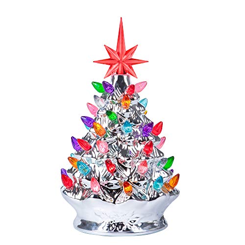 9,6-Zoll-Silber-Weihnachts-Mini-keramikbaum – festlich beleuchteter Weihnachtsbaum-dekor – Vintage-Tisch-weihnachtsdekorationen – Retro-winterbaum – glänzende feiertagsdekoration von Generic