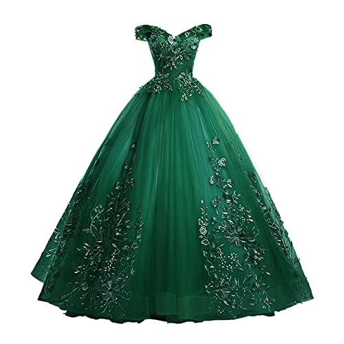 Abendkleid Evening Dress Damen One Shoulder Elegantes Tüll Ballkleid mit Applikationen Maxi Party Brautkleider, Green,L(52.5 von Generic