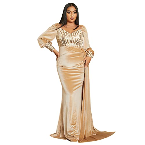 Abendkleid Evening Dress Damen Plus Size Samt Wrap Maxikleider Lange Ärmel Elegante Party Hochzeitsgast Cocktailkleider,Gold,XL(60 von Generic