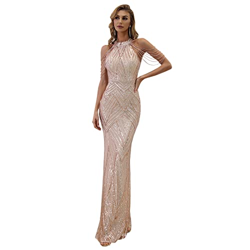 Abendkleid Evening Dress Fashions Damen Ärmellos Sexy Neckholder Perlen Kleider Pailletten Meerjungfrau Gast Ball Prom Party Kleider,Gold,L von Generic