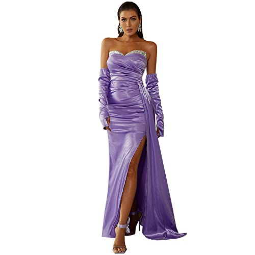 Abendkleid Evening Dress Sexy Frauen Schulterfrei Rückenfrei Hoch Geteilt Figurbetont Meerjungfrau Cocktailparty Langes Kleid,Purple,L von Generic