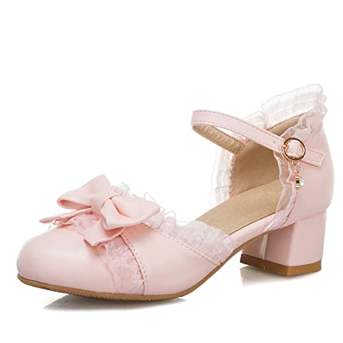 Absätze für Damen, süße Prinzessin, Tanzschuhe, Mädchen, schöne Schleife, runder Kopf, weiß, rosa, College-Schuhe für Damen von Generic