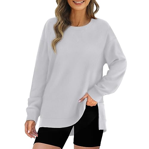 Angebot des Tages, Tshirt Damen Oversize Damen Pullover Rundhals Langarm Basic Pulli Oberteile Einfarbig Schlitz Sweatshirt Ohne Kapuze Damen Hoodie Ausgefallene Tshirts Damen(Weiß,S) von Generic