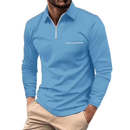 Angebot des Tages Blitzangebot, Hemd Herren Langarm Sport Shirt Männer Einfarbig Langarm Polo Shirt Mit Reißverschluss Regular Fit Sportshirt Golf Tennis Vintage Pullover Sweater Herren(Himmelblau,L) von Generic