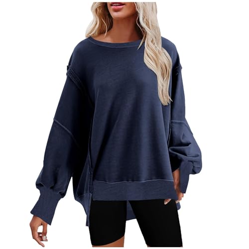 Angebote des Tages Heute, Pullover Für Damen Pullover Damen Sommer Patchwork Sweatshirt Ohne Kapuze Rundhals Langarm Oberteile Mit Schlitz Fleecepullover Damen Tops Für Mädchen(Marine,M) von Generic