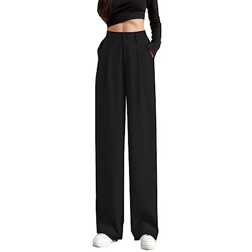 Anzughosen mit weitem Bein für Damen, hohe Taille, weites Bein, einfarbig, plissiert, lässige Hose, Taschen, Palazzo-Hose für Damen Jogginghose Yogahose Freizeithose Sweathose von Generic