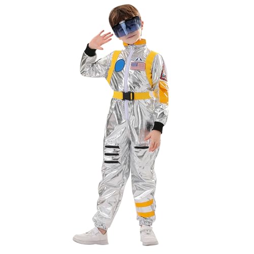 Astronauten Kostüm, Faschingskostüme Kinder, Weltall Raumfahrer Outfit Glänzend Karneval Kostüm Herren Space Jumpsuit Silber Für Karneval Halloween Mottoparty Weltall Outfit Halloween Karneval Kostüm von Generic