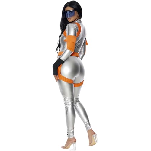 Astronauten Kostüm Damen Silber Kostüme für Erwachsene Astronaut Karneval Fasching Space Raumfahrer Weltall Raumanzug Costume Overall mit Handschuhe Karnevalskostüm Faschingskostüme von Generic