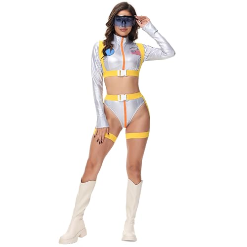 Astronauten Kostüm Damen Silber Kostüme für Erwachsene Astronaut Karneval Raumanzug Fasching Weltall Costume Raumfahrer Space Erotische Unterwäsche Karnevalskostüm Faschingskostüme von Generic