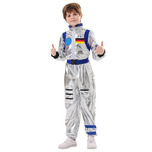 Astronauten Kostüm Kinder Silber Kostüme für Kinder Astronaut Karneval Raumfahrer Raumanzug Space Costume Fasching Weltall Overall mit Gürtel Gläser Karnevalskostüm Faschingskostüme von Generic