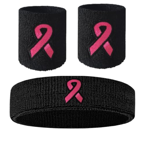 Atmungsaktives Krebsbewusstseins-Schweißband-Set | Bequeme Polyester-Armbänder Für Männer Und Frauen | Ideal Für Tennis, Fußball Und Laufen | Enthält 2 Armbänder Und 1 Stirnband Für Sportler von Generic