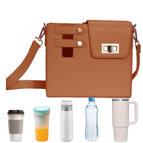 Aufbewahrungstasche für Wasserbecher, Wasserflasche, Tasche mit Handytasche, verstellbarer Schulterriemen aus Leder, tragbare Outdoor-Tasche für Damen, braun, Se référer au descriptif, Siehe von Generic