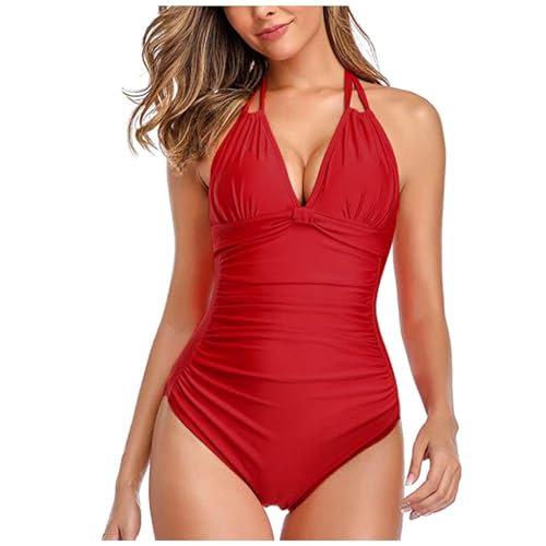 Badeanzug Damen Große Oberweite, Rückenfrei Badeanzug Damen, V Ausschnitt Damen Badeanzug Bauchweg Push Up Bademode Swimsuit High Waist Schwimmanzug Monokini Damen Bauchweg von Generic