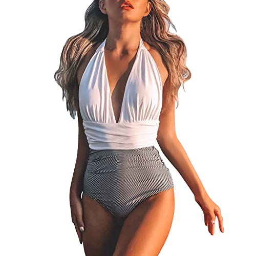 Badeanzug Damen Retro, Badeanzug Rückenfrei Für Damen, V Ausschnitt Damen Badeanzug Bauchweg Push Up Bademode Swimsuit High Waist Schwimmanzug Bauchweg Badeanzug Damen Shape von Generic