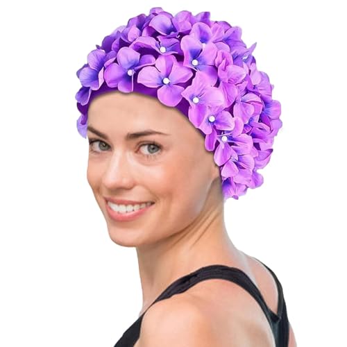 Badekappen für Damen zum Schwimmen - Modische Blumen-Badekappe mit Blumenblättern,Bequeme elastische Badekappen mit Langen Haaren für Damen, Erwachsene und Kinder von Generic