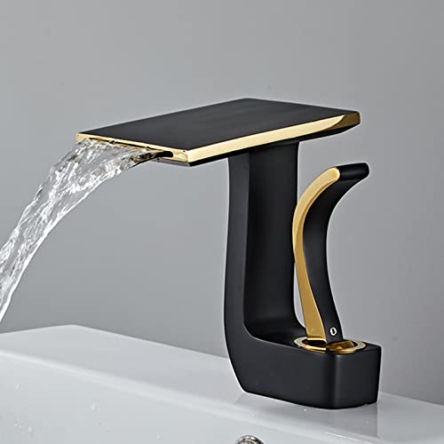 Badezimmer-Waschtischarmaturen, Wasserfall, Waschtischarmaturen, Einlochmontage, Kalt- und Warmwasser, Messing-Wasserfallhähne für Badezimmerwaschbecken, Schwarz + Gold von Generic