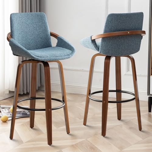 Bar Chair 29,5-Zoll-Set mit 2 Barhockern in Barhöhe, Mid-Century Modern, Retro-Barstühle, anthrazitfarbener Stoff in Leinenoptik, gepolstert und Rahmen aus Walnussholz für Heimbarmöbel (blau) Bar von Generic