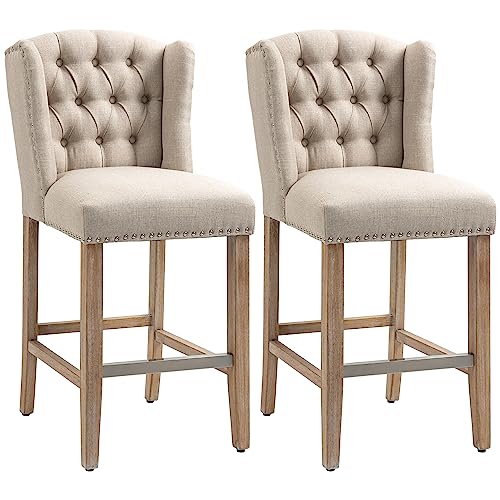 Bar Chair Barhocker in Thekenhöhe, 2er-Set, gepolsterte Barhocker mit 26,75" Sitzhöhe, Frühstücksstühle mit Nagelkopfbesatz und getufteter Rückenlehne, Holzbeine, Beige Bar Stool von Generic