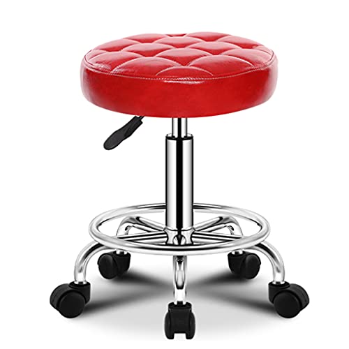 Bar Chair Höhenverstellbarer Hocker mit 5 Rädern/verdickter Schwamm, kratzfester Sitz, Chromstahl, PU-Leder, Barhocker, Ladenhocker, rollender, drehbarer Salonhocker, Massage-Tattoo-Co rot Bar Stool von Generic