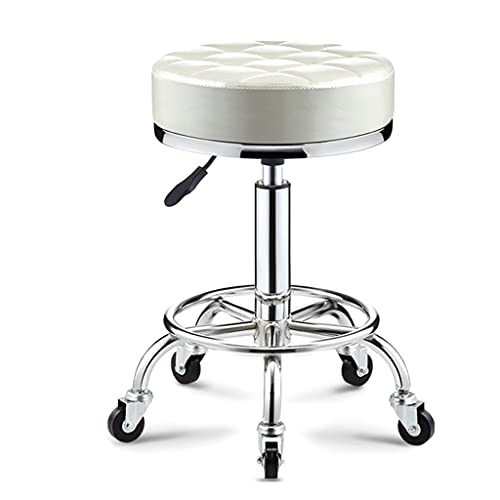 Bar Chair Runder rollender Drehhocker mit Rollen und dickerem Sitz, höhenverstellbarer Barhocker aus PU-Leder, Büro- und Ladenhocker mit Fußstütze, Massage-SPA-Hocker, Friseursalon, Weiß Bar Stool von Generic