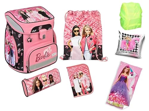 Barbie Schulranzen Set 8 teilig - Scooli Easy Fit mit Schüleretui, Schlamper, Turnbeutel, Schlüsselanhänger, Regenschutz, Strand-/Badetuch & Zierkissenbezug von Generic