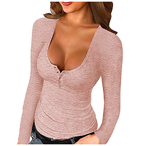 Basic Langarmshirt Damen Sexy - Enge Oberteile Damen Tiefer Ausschnitt mit Knopfleiste, Pullover T Shirt Langarm Einfarbig Stretch Slim Fit Bequeme Unterhemd Untershirt T-Shirts für Damen Basic Langarmshirt Damen Sexy - Enge Oberteile Damen Tiefer Ausschnitt mit Knopfleiste, Pullover T Shirt Langarm Einfarbig Stretch Slim Fit Bequeme Unterhemd Untershirt T-Shirts für Damen von Generic