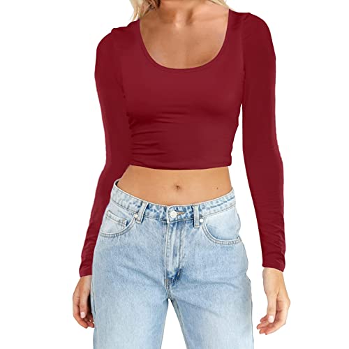 Basic Pullover Damen Eng, Sexy Crop Top Langarm Damen| Langarmshirt Elegante Schulterfreie Slim Fit Frauen Longsleeve Oberteile Bluse Elegante Tank Top Crop Shirt Henley Shirt Sweatshirt von Generic