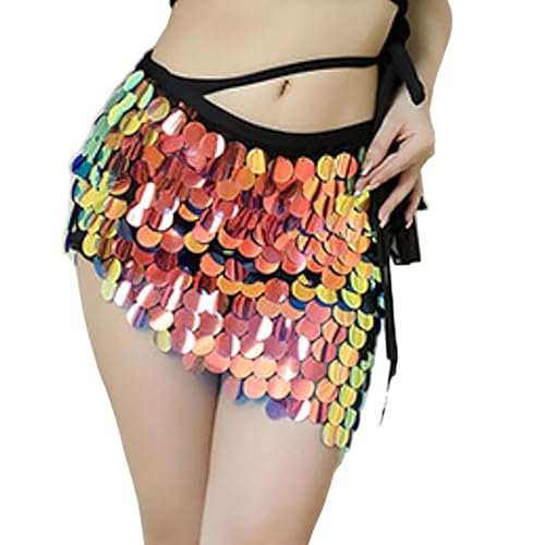 Bauchtanz Kostüm Damen Sexy, Pailletten Rock Damen Kurz,Wickelrock Glitzer Faschingskostüme Röcke Meerjungfrau Hüfttuch Wrap mit Gürtel Deko Sparkle Modische Minirock für Karneval Rave Party von Generic