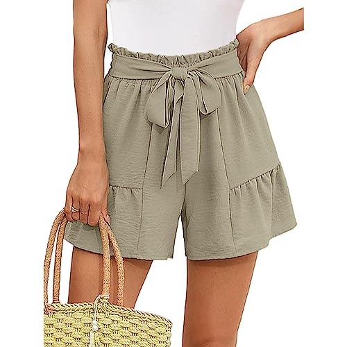 Bermuda Shorts Damen,Kurze Hose Damen Sommer,Sommershort Damen Leicht Rüschen Strandshorts Sporthose Kurz Laufshorts Jogginghose mit Gürtel Breite Hosen Elegante Einfarbig Damenshorts für Frauen von Generic