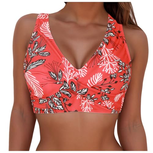 Bikini BH Damen,Blumenmuster Crossback Bikini Oberteil V Ausschnitt Ruched Bademode Push Up Sportbh weicher Sport-Schwimmanzug High Waist Tank Sport Bikini Trendy Bademode Swimsuit Badeanzüge von Generic