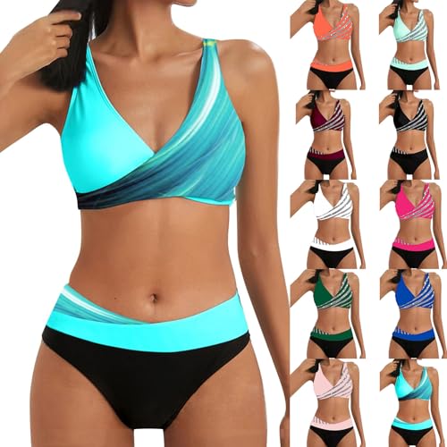 Bikini Damen Bauchweg Große Brüste Badeanzug High Waist Push Up Bikinis für Damen V Ausschnitt überkreuztes Blumenmuster Bademode Bauchkontrolle Bikini Zweiteilige Bademode Swimsuit von Generic