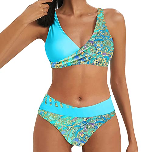 Bikini Damen Bauchweg Große Brüste Badeanzug High Waist Push Up Bikinis für Damen V Ausschnitt überkreuztes Blumenmuster Bademode Bauchkontrolle Bikini Zweiteilige Bademode Swimsuit von Generic