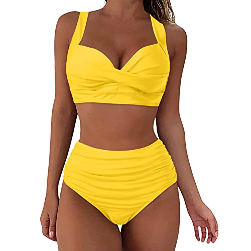 Bikini Damen Set Push Up, Sexy Einfarbiger Bikini-Tankini Für Damen Badeanzug Damen Badeanzüge Sportbikini Für Damen Vintage Ruched Figurformend Bauchweg Swimsuit Strandmode von Generic