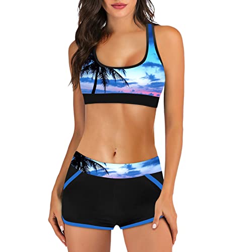 Bikini Damen Sport Push Up Oberteil Polster Badeanzug Zweiteiler Frauen Shorts Bikini Set Pads Strand Schwimmen Bademode 2 Teilig Damen Tankini Set Zweiteilig Bauchweg Mit Hot Pants von Generic