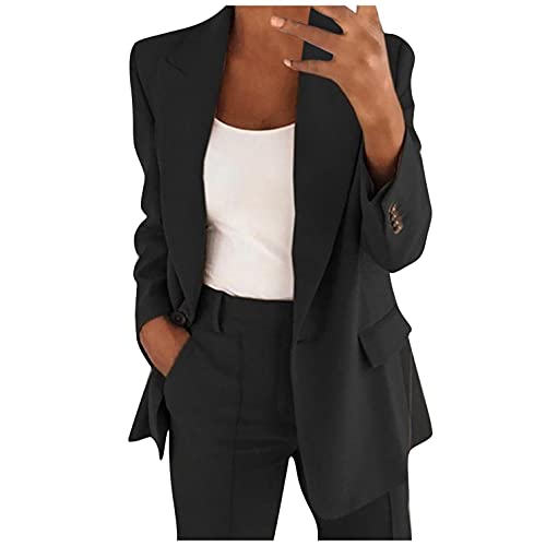 Blazer Damen Elegant Langarm Sakko Einfarbig Slim Fit Revers Geschäft Büro Jacke Mit Knopfleiste Coat Anzug Trenchcoat Dünner Mantel Schwarz L von Generic