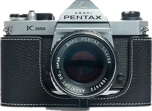 BolinUS K1000 Kameratasche, handgefertigt, echtes Leder, halbe Kameratasche für Pentax Asahi K1000 Kamera mit Handschlaufe, Schwarz , Retro von Generic