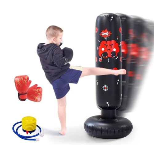 Boxsack für Kinder, Boxsack-Spielzeug mit Boxhandschuhen, 122 cm größer, stabiler, aufblasbarer Boxsack für Kinder, Karate, Taekwondo, für Jungen von 3–12 Jahren (schwarz) von Generic