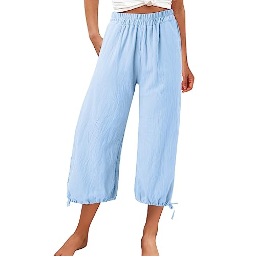 Caprihose Damen Sommer -Palazzo Hose Damen-Sommerhose Damen Leicht 7/8 Jogginghose Einfarbig Leinenhose Baumwolle Leinen Freizeithose Elegant Sporthose mit Taschen Weite Beine Beach Pants Chino Hose von Generic