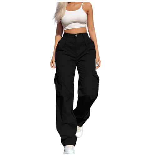 Cargohose Damen Hohe Taille, Jogginghose Damen Baggy, Sporthose Lang Mode Streetwear Freizeithose mit Gummizug Reissverschluss Taschen Knopfleiste Hose Einfarbig Wanderhose Gerade Sweatpants von Generic